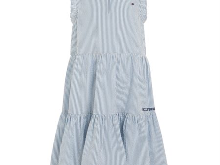 Tommy Hilfiger Seersucker Striped Ruffle Klänning Blue Spell Stripe For Discount