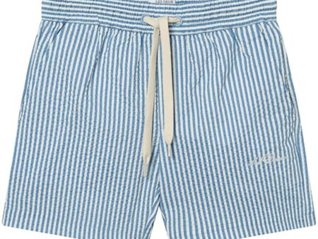 Les Deux Kids Washed Denim Blue Light Ivory Stan Stripe Seersucker Badeshorts Sale